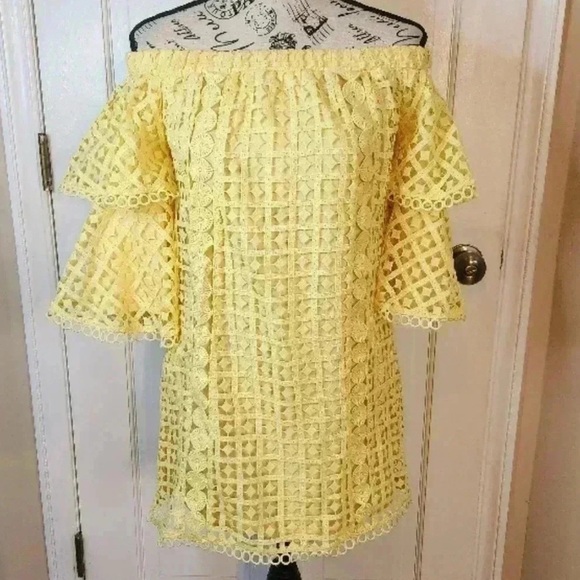 NWT Just Me Yellow Off-the-Shoulder Mini Dress with Ruffled Sleeves, small - Picture 10 of 10